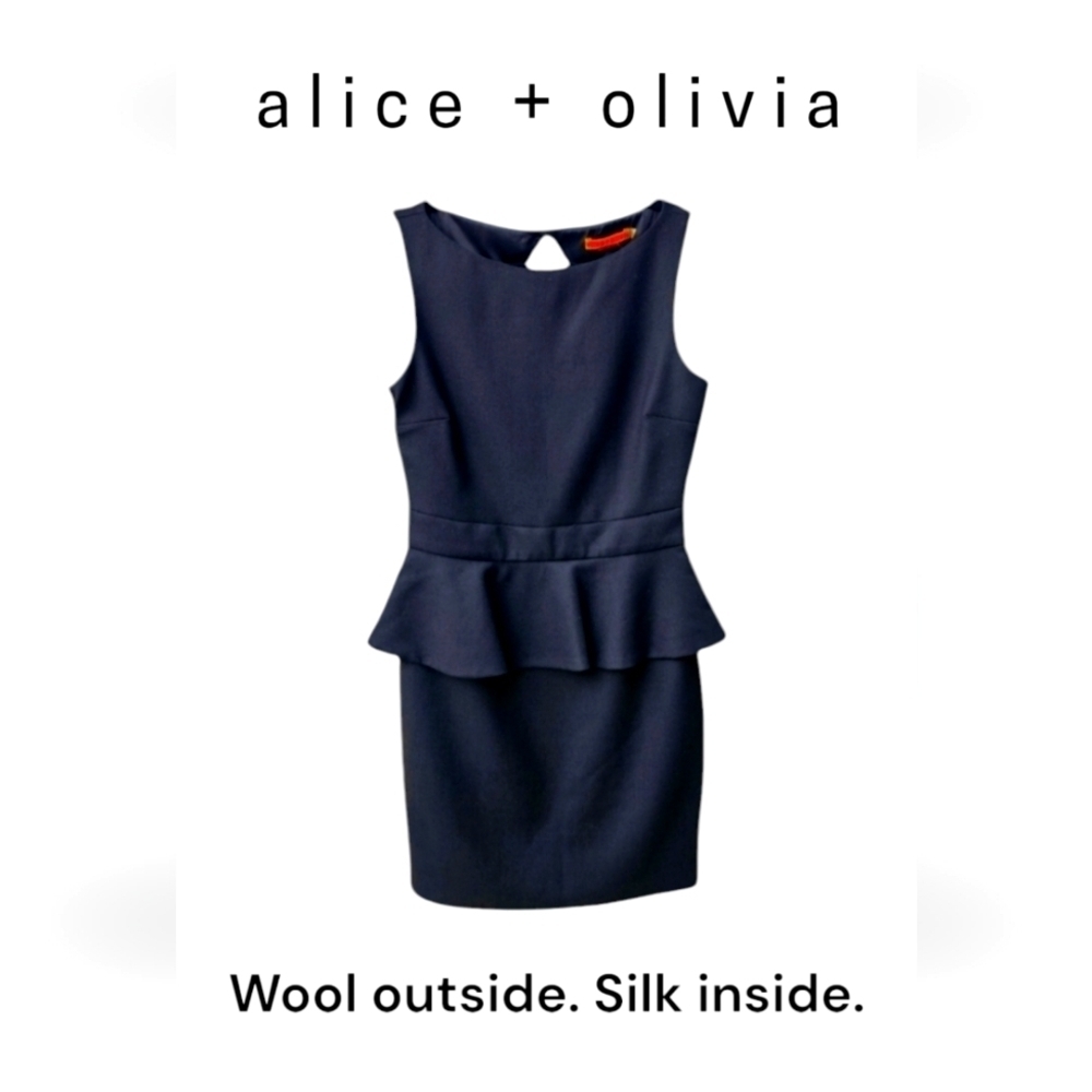 Alice + Olivia Black Wool Sleeveless Peplum Dress Open Back Keyhole size small